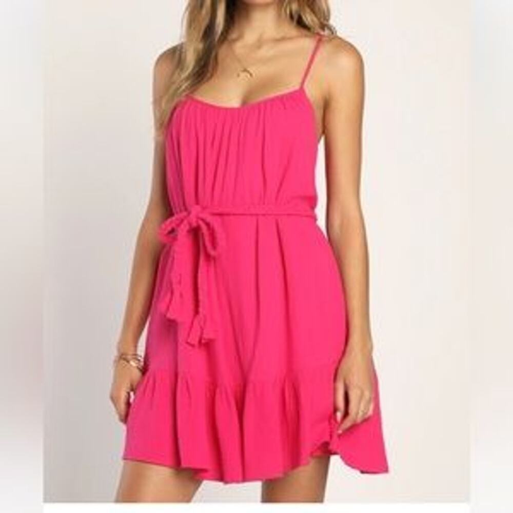 Lulus Cinched It Magenta‎ Ruffled Belted Shift Mini Dress Size Medium Pink New